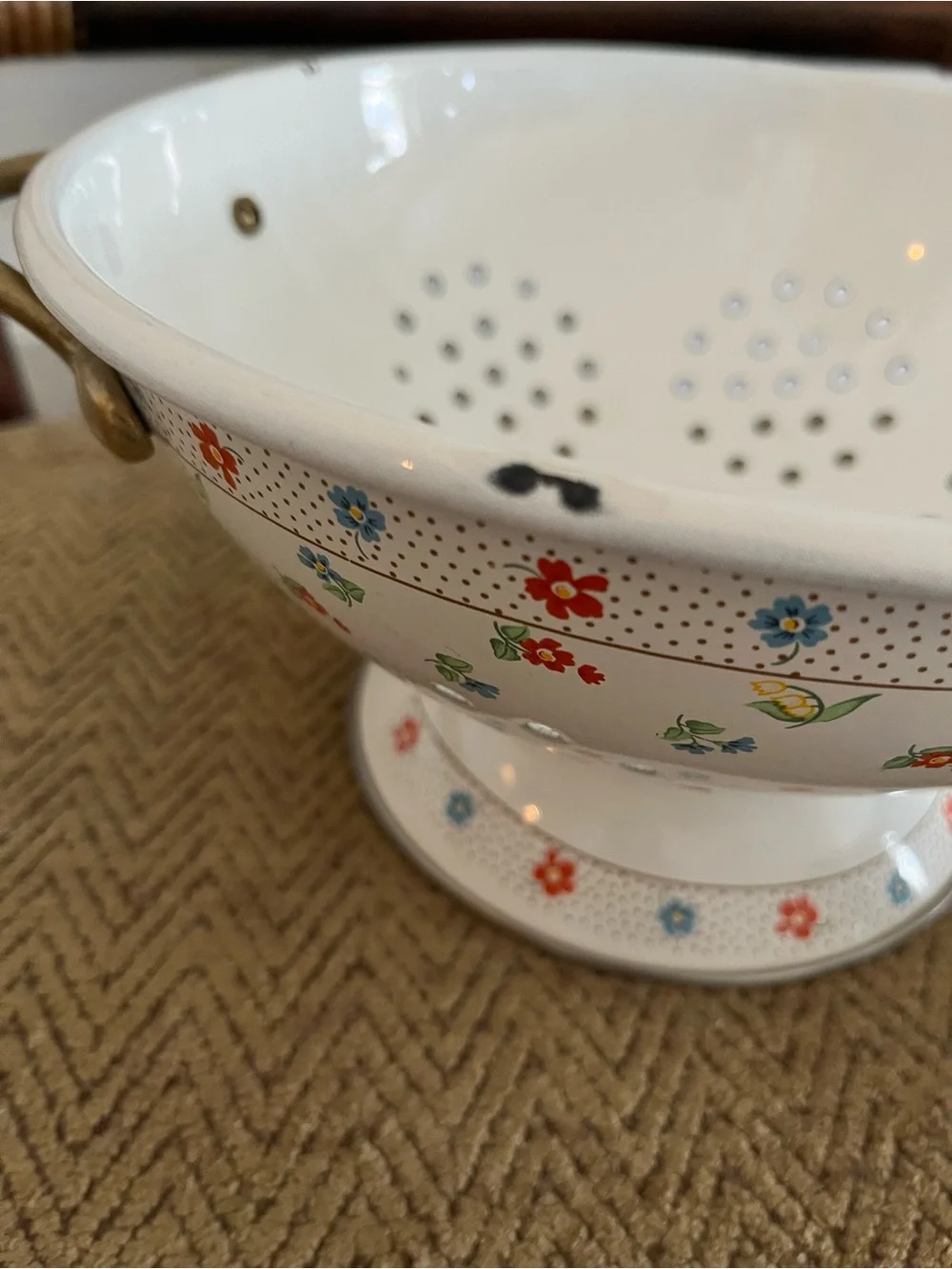 White Floral Enamel Pedestal Colander with Brass Handles